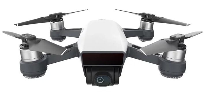 Front upper side of dji spark quadcopter in studio