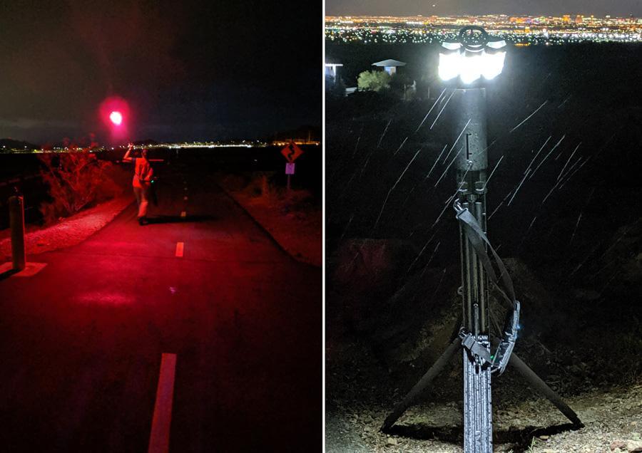On the left: FoxFury Nomad 360 with red color band used to preserve night vision On the right: FoxFury Nomad 360 is waterproof, used to illuminate the scene in the rain