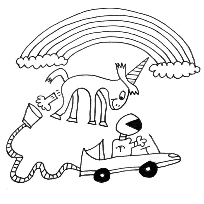 Tom Edwards Drawing of a Unicorn Farting into an Electric Car