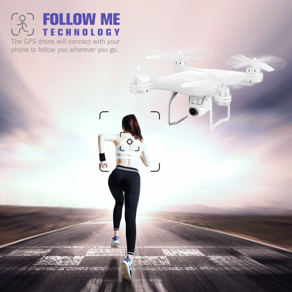 a woman running with a potensic t25 drone that performs a follow me mode on the track